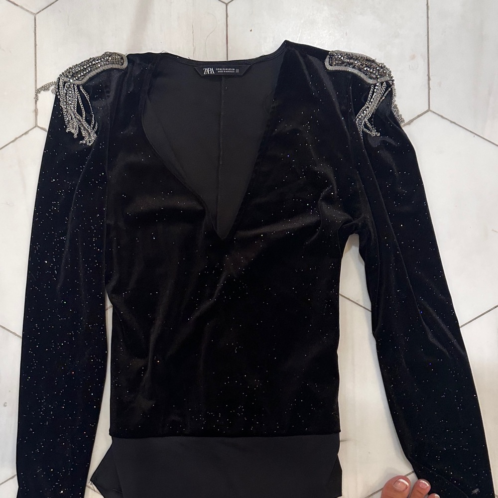 Zara Black Velvet Bodysuit with Silver Details - Picture 5 of 5